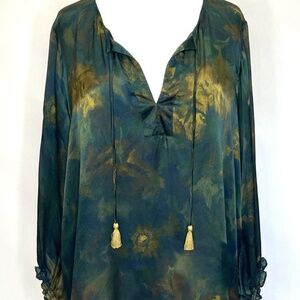 Johnny Was Workshop Silk Lucid Verde Peasant Blouse Size Large